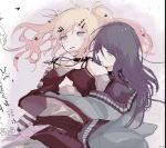  2girls black_camisole black_hair blonde_hair blush camisole cardigan commentary_request floating_hair grey_cardigan grey_eyes hair_spread_out hoshino_ichika_(project_sekai) hug hug_from_behind long_hair multiple_girls pann_(1202zzzx00) parted_lips project_sekai sidelocks sweatdrop tenma_saki translation_request twintails yuri 
