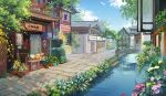  architecture bridge building bush clouds day east_asian_architecture flower folding_fan foliage grass hand_fan hanxiaodan house lovebrush_chronicles no_humans official_art outdoors pavement pink_flower plant potted_plant river riverbank scenery shadow shop town tree white_flower 