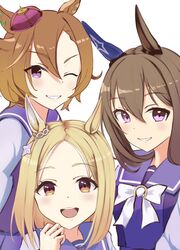  3girls :d ;) absurdres admire_vega_(umamusume) animal_ears blonde_hair bow bowtie brown_hair crown ear_covers hair_between_eyes hanba_agu highres horse_ears horse_girl horseshoe_ornament long_hair long_sleeves looking_at_viewer mini_crown multiple_girls narita_top_road_(umamusume) one_eye_closed purple_shirt sailor_collar sailor_shirt school_uniform shirt short_hair single_ear_cover smile t.m._opera_o_(umamusume) tracen_school_uniform umamusume upper_body violet_eyes white_bow white_bowtie 