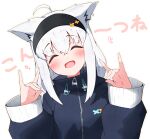  1girl absurdres ahoge animal_ears black_headband black_jacket blush closed_eyes double_fox_shadow_puppet fox_ears fox_girl fox_shadow_puppet headband highres hololive jacket open_mouth sen_(sen42724788) shirakami_fubuki shirakami_fubuki_(7th_costume) smile solo virtual_youtuber white_background white_hair zipper zipper_pull_tab 