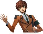  1boy against_glass armband artist_request brown_hair buttons clenched_hand code_geass code_geass:_lost_stories collared_shirt cropped_torso dutch_angle game_cg green_eyes green_necktie hands_up jacket kururugi_suzaku long_sleeves male_focus military_uniform necktie non-web_source official_art open_mouth orange_jacket shirt short_hair sidelocks simple_background solo standing surprised teeth transparent_background uniform upper_body white_shirt wide-eyed 