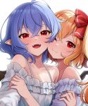  2girls :d ahoge alternate_costume blonde_hair blue_hair blush bow breasts closed_mouth collarbone commentary_request crossed_bangs eyelashes fang fangs flandre_scarlet frilled_shirt frills hair_between_eyes hair_bow hand_on_another&#039;s_arm happy highres hug kisaragi_koushi looking_at_viewer medium_hair multiple_girls no_headwear off-shoulder_shirt off_shoulder one_eye_closed open_mouth pointy_ears red_bow red_eyes red_nails remilia_scarlet shirt siblings sidelighting simple_background sisters skin_fang small_breasts smile split_mouth touhou tsurime upper_body white_background white_shirt 