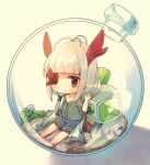  1girl barefoot black_dress blonde_hair blunt_bangs blush bottle buttons chibi closed_mouth commentary_request dirt dress full_body glass_bottle grey_hair hand_up horns in_bottle in_container long_hair looking_at_viewer low_twintails missing_eye mushroom outstretched_legs red_eyes robot robot_(void_terrarium) shadow short_dress sidelocks simple_background sitting toriko_(void_terrarium) torn_clothes torn_dress totoppo twintails very_long_hair void_terrarium white_background 