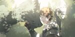  1boy :d animal armor axe breastplate brown_hair character_request chihuri closed_eyes commentary_request day dragon final_fantasy final_fantasy_xiv from_side fur_trim gloves hand_up highres long_sleeves male_focus outdoors profile red_gloves smile solo sunlight 