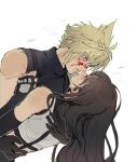  1boy 1girl blonde_hair blood blood_on_face blue_eyes brown_hair clothes_grab cloud_strife couple crop_top crying eye_contact final_fantasy final_fantasy_vii final_fantasy_vii_remake hetero hug long_hair looking_at_another pudelmudel shirt sleeveless sleeveless_turtleneck spiky_hair tank_top tifa_lockhart turtleneck white_shirt 