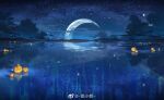  clouds crescent_moon hanxiaodan jack-o&#039;-lantern lovebrush_chronicles moon moon_reflection mountainous_horizon night no_humans official_art outdoors reflection reflective_water scenery sky star_(sky) starry_sky water weibo_logo weibo_username 