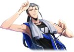  1boy arm_up armpits artist_request bangs_pinned_back bare_shoulders black-framed_eyewear black_choker black_hair black_shirt blue_eyes blue_jacket choker code_geass code_geass:_lost_stories cropped_torso dutch_angle game_cg gilbert_g.p._guilford hairband half-closed_eyes hand_up highres holding holding_removed_eyewear jacket jacket_over_shoulder long_hair looking_afar male_focus non-web_source official_art parted_lips ponytail semi-rimless_eyewear shiny_skin shirt simple_background sleeveless sleeveless_shirt solo sportswear standing sweat toned towel towel_around_neck transparent_background unworn_eyewear unworn_jacket upper_body white_hairband 