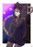  1girl animal_ear_hood baggy_clothes black_hair bubble_blowing casual chewing_gum duel_monster hands_in_pockets hat_under_hood highres hood hoodie i:p_masquerena long_hair mechanical_tail mochi_curry official_alternate_costume solo tail violet_eyes yu-gi-oh! 