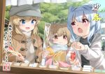 3girls :d :t animal_ear_fluff animal_ears arrow_(projectile) bag black_shirt blue_eyes blush brown_coat brown_hair cat_ears cat_girl charm_(object) closed_mouth coat commentary_request day eating food grey_hair grey_scarf grey_shirt hair_between_eyes hamaya highres hiyori-chan holding holding_arrow holding_bag holding_food hood hood_down hooded_jacket jacket koruri-chan_(sora) long_hair multiple_girls new_year open_clothes open_jacket original outdoors paper_bag pink_jacket red_eyes scarf shirt smile sora_(silent_square) translation_request tsugumi-chan_(sora) v-shaped_eyebrows wavy_mouth white_jacket
