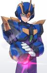  1boy android arm_cannon artist_name forehead_jewel glowing green_eyes helmet highres looking_at_viewer mega_man_(series) mega_man_x_(series) simple_background smoke solo ultimate_armor_x_(mega_man) vani_(hisha_04) weapon white_background x_(mega_man) 