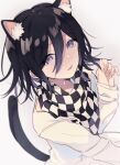  1boy animal_ear_fluff animal_ears black_hair cat_boy cat_ears cat_tail checkered_clothes checkered_scarf danganronpa_(series) danganronpa_v3:_killing_harmony flipped_hair gradient_background gradient_hair grey_background hair_between_eyes hand_up looking_at_viewer male_focus multicolored_hair negoto_o oma_kokichi open_mouth purple_hair scarf short_hair solo straitjacket tail upper_body violet_eyes white_background 