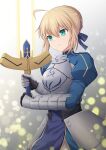  1girl ahoge armor armored_dress artoria_pendragon_(fate) blonde_hair braid cross_(crossryou) dress fate/stay_night fate_(series) green_eyes hair_ribbon highres long_sleeves looking_at_viewer ribbon saber_(fate) short_hair solo sword weapon 