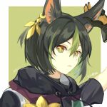  1boy animal_ears arm_up black_gloves black_hair black_jacket border chana_tuya_(ohmycrystal) chinese_commentary close-up commentary_request dated drawstring ear_ornament expressionless fox_boy fox_ears genshin_impact gloves green_background green_eyes green_hair hair_between_eyes highres hood hood_down hooded_jacket jacket looking_at_viewer male_focus multicolored_eyes multicolored_hair orange_eyes orange_gloves outside_border parted_lips portrait short_hair short_sleeves solo streaked_hair tighnari_(genshin_impact) white_border yellow_pupils 