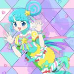  1girl :d blue_eyes blue_hair commentary_request hair_bun hair_ornament hands_up heart idol_clothes kuroda_keeshi looking_at_viewer multicolored_hair open_hands open_mouth pink_hair pinon_(pripara) pretty_series pripara shorts sidelocks silhouette single_side_bun smile solo star_(symbol) star_hair_ornament streaked_hair yellow_shorts 