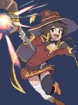  1girl absurdres bandaged_leg bandages belt black_cape black_hair blush boots cape dress fingerless_gloves gloves hat highres holding holding_staff kono_subarashii_sekai_ni_shukufuku_wo! looking_at_viewer magic megumin open_mouth red_dress red_eyes sadamoto_hokuto short_hair_with_long_locks single_thighhigh smile solo staff thigh-highs witch_hat 