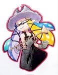  1girl aqua_hair black_dress blonde_hair blue_hair clenched_hand co_ma_tsu_na cropped_torso dress gloves grey_eyes grey_gloves grey_headwear highres holding_trumpet instrument outline pointy_ears purple_hair red_outline simple_background solo splatoon_(series) splatoon_3 suction_cups tentacle_hair trumpet white_background yoko_(splatoon) 