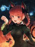  1girl :d animal_ear_fluff animal_ears black_bow bow braid cat_day cat_ears cat_tail dress extra_ears fire ghost green_dress highres hitodama kaenbyou_rin lava looking_at_viewer multiple_tails open_mouth paw_pose ponpochi puffy_sleeves red_eyes redhead skull smile sparks tail touhou twin_braids two_tails 