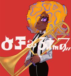  1girl artist_name black_necktie black_pants cephalopod_eyes commentary cowboy_shot dark-skinned_female dark_skin english_commentary instrument long_sleeves looking_at_viewer multicolored_hair necktie octoling orange_hair pants red_background ribonhaato shirt shirt_tucked_in smile solo splatoon_(series) splatoon_3 suspenders tao_blu_(splatoon) trombone violet_eyes white_shirt 