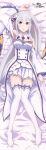  1girl absurdres blush boots braid dakimakura_(medium) dress flower frills hair_ornament hair_ribbon hairclip highres long_hair lying official_art open_mouth pointy_ears re:zero_kara_hajimeru_isekai_seikatsu ribbon shoes skirt solo violet_eyes white_hair 