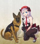  1girl beret black_pantyhose blue_eyes breasts dog frilled_skirt frills german_shepherd girls_frontline gun hat hat_ribbon highres holding holding_gun holding_weapon jamgom leash looking_at_viewer mp5_(girls&#039;_frontline) necktie on_one_knee open_mouth pantyhose red_headwear red_necktie ribbon scope shoes simple_background skirt small_breasts smile weapon white_hair 