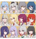  0214x0826 6+girls acheron_(honkai:_star_rail) bell black_hair black_swan_(honkai:_star_rail) blonde_hair blue_eyes blue_hair bubble_blowing choker cocolia_rand collarbone collared_shirt double_v finger_to_cheek firefly_(honkai:_star_rail) green_necktie grey_hair hair_between_eyes heart heart_hands highres himeko_(honkai:_star_rail) honkai:_star_rail honkai_(series) kafka_(honkai:_star_rail) long_hair looking_at_viewer multicolored_hair multiple_girls natasha_(honkai:_star_rail) neck_bell necktie pink_eyes purple_hair red_choker red_eyes red_necktie redhead robin_(honkai:_star_rail) school_uniform serval_landau shirt short_hair sidelocks sparkle_(honkai:_star_rail) stelle_(honkai:_star_rail) streaked_hair topaz_(honkai:_star_rail) trailblazer_(honkai:_star_rail) v v_over_mouth violet_eyes white_background white_shirt yellow_eyes yellow_necktie 