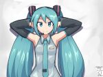  1girl aqua_eyes aqua_hair aqua_necktie arms_behind_head arms_up artist_logo artist_name black_sleeves breasts closed_mouth commentary dated detached_sleeves digiral dot_nose english_commentary grey_shirt hair_ornament hatsune_miku josh_hutcherson_whistle_edit_(meme) long_hair long_sleeves looking_at_viewer meme microphone necktie shirt sidelocks simple_background sleeveless sleeveless_shirt small_breasts smile solo split_mouth straight-on twintails upper_body very_long_hair vocaloid white_background 