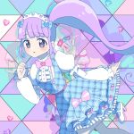  1girl blue_bow blue_dress blunt_bangs bow center_frills commentary_request dress frills hair_bow hand_up idol_clothes kuroda_keeshi long_hair looking_at_viewer manaka_non open_mouth pink_bow plaid plaid_dress pretty_series pripara priticket purple_hair shirt side_ponytail solo standing standing_on_one_leg very_long_hair violet_eyes white_shirt 