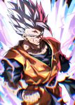  1boy amputee aura belt blue_belt blue_shirt clenched_hand closed_mouth commentary_request dougi dragon_ball dragon_ball_super dragon_ball_super_super_hero dragon_ball_z electricity gohan_beast highres looking_at_viewer male_focus missing_limb orange_shirt pectoral_cleavage pectorals red_eyes scar scar_on_face scene_reference shirt simple_background solo son_gohan son_gohan_(future) spiky_hair tears tkht_9315 white_hair 