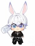  1boy :3 animal_ears black_coat blue_eyes blush_stickers chibi chibi_only coat final_fantasy final_fantasy_xiv gg_dal hammer heterochromia holding holding_hammer long_sleeves looking_at_viewer male_focus rabbit_ears simple_background solo viera violet_eyes warrior_of_light_(ff14) white_background white_hair 