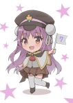  1girl :d amayomiyu arm_at_side ascot black_headwear blush brown_skirt capelet chibi commentary_request countdown_illustration double_bun eyes_visible_through_hair flag hair_between_eyes hair_bun hand_up happy hat heaven_burns_red holding holding_flag kunimi_tama long_hair looking_at_viewer military_hat miniskirt open_mouth pink_hair pleated_skirt red_ascot red_eyes shirt simple_background skirt smile solo standing standing_on_one_leg star_(symbol) thigh-highs twitter_username white_background white_capelet white_shirt white_thighhighs zettai_ryouiki 