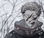  1boy bare_tree black_hair black_jacket blood blood_on_face brown_hair closed_mouth dated highres hood hood_down hoodie itadori_yuuji jacket jujutsu_kaisen looking_at_viewer male_focus outdoors qkye1q red_hoodie scar scar_on_face short_hair snowing solo teeth tree twitter_username upper_body yellow_eyes 