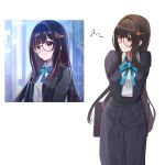  1girl arms_behind_back black-framed_eyewear black_jacket black_skirt blazer blue_ribbon breasts brown_hair closed_mouth collared_shirt cowboy_shot glasses hair_between_eyes hair_ornament hairclip highres honkai:_star_rail honkai_(series) jacket leaning_forward long_hair long_skirt looking_to_the_side medium_breasts multiple_views neck_ribbon open_clothes open_jacket photo_inset pink_eyes pleated_skirt ribbon school_uniform shirt shiryuu_akira sidelocks simple_background skirt smile sparkle_(honkai:_star_rail) white_background white_shirt 