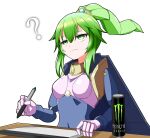  1girl ? breasts cape chain doll_joints drawing_tablet duel_monster el_shaddoll_winda gold_chain green_eyes green_hair highres hikaru49831115 holding holding_stylus joints long_hair mechanical_arms mechanical_hair monster_energy ponytail sidelocks simple_background solo stylus upper_body white_background winda_(yu-gi-oh!) yu-gi-oh! 