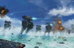  box clouds edouard_groult explosion firing highres mecha no_humans ocean original robot science_fiction sky splashing walker_(robot) walking war water 