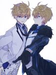  2boys :d arthur_pendragon_(fate) arthur_pendragon_(white_rose)_(fate) black_coat black_gloves black_pants blonde_hair blue_eyes blue_necktie blue_shirt closed_mouth coat cowboy_shot dual_persona expressionless fate/grand_order fate_(series) from_side fur-trimmed_coat fur_trim gloves hair_between_eyes hand_on_own_hip jacket kisharin lapels long_sleeves looking_at_viewer looking_to_the_side male_focus multiple_boys necktie notched_lapels open_clothes open_coat open_jacket outstretched_arm pants pectoral_docking pectoral_press profile shirt short_hair sideways_glance simple_background smile standing striped_clothes striped_shirt suit vest waistcoat white_background white_jacket white_pants white_shirt white_suit white_vest 