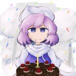  1girl absurdres black_forest_cake blue_eyes cake candle closed_mouth confetti food highres iesonatana letty_whiterock looking_at_viewer portal_(series) purple_hair short_hair smile solo touhou upper_body white_headwear 