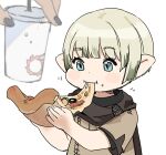  1boy blue_eyes blush_stickers brown_scarf cup disposable_cup eating final_fantasy final_fantasy_xiv food gg_dal green_hair holding holding_food holding_pizza lalafell male_focus out_of_frame pizza pizza_slice pointy_ears scarf short_hair short_sleeves simple_background slit_pupils solo_focus warrior_of_light_(ff14) white_background 