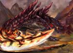  back digitigrade dinosaur embers fire fujikura glavenus glowing_mouth glowing_tail grass hellblade_glavenus highres horns lava monster monster_hunter_(series) monster_hunter_stories_2 monster_hunter_x mountain open_mouth red_eyes scales sharp_tail sharp_teeth smoke solid_eyes solo spikes standing tail teeth 