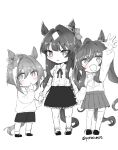  3girls aged_down animal_ears ankle_socks arm_up bow bright_pupils cheval_grand_(umamusume) commentary ear_bow finger_to_mouth greyscale hair_between_eyes hair_intakes highres holding_hands horse_ears horse_girl horse_tail long_hair monochrome multicolored_hair multiple_girls neck_ribbon poteo_(poteo_mot) ribbon short_hair siblings sisters sketch socks spot_color streaked_hair tail thigh-highs twintails twitter_username umamusume verxina_(umamusume) very_long_hair vivlos_(umamusume) waving 