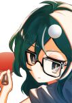  1girl absurdres black_eyes closed_mouth commentary_request glasses green_hair hair_between_eyes highres inami_hatoko looking_at_viewer medium_hair original paddle simple_background solo table_tennis_paddle white_background 