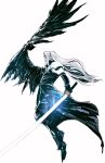  1boy black_coat black_pants black_wings chun_lo coat feathered_wings final_fantasy final_fantasy_vii final_fantasy_vii_remake flying from_side highres holding holding_sword holding_weapon katana long_hair pants sephiroth simple_background single_wing solo sword weapon white_background white_hair wings 