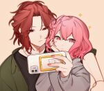  1boy 1girl absurdres araki_(utaite) black_shirt cellphone closed_mouth green_hoodie green_jacket highres holding holding_phone hood hoodie indie_utaite jacket jewelry long_sleeves necklace nqrse nyannyan_321 phone pink_eyes pink_hair red_eyes redhead selfie shirt short_hair smartphone 