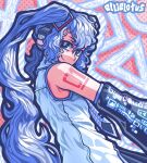  1girl artist_name blue_eyes blue_hair blue_necktie curly_hair detached_sleeves ellie_lotus from_side hatsune_miku headphones long_hair looking_at_viewer necktie shirt sleeveless sleeveless_shirt smile solo twintails upper_body very_long_hair vocaloid white_shirt 