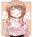  1girl blush breasts brown_background brown_hair closed_eyes collarbone commentary_request dash_b facing_viewer flying_sweatdrops highres long_hair long_sleeves matsumoto_yoriko medium_breasts open_mouth pink_sweater puffy_long_sleeves puffy_sleeves signature solo sweater translation_request two-tone_background upper_body white_background yuyushiki 