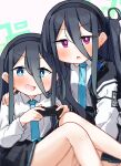  &lt;key&gt;_(blue_archive) 2girls :d aris_(blue_archive) black_hair black_hairband black_skirt blue_archive blue_eyes blue_necktie blush breasts collared_shirt commentary_request dash_b feet_out_of_frame grey_background hair_between_eyes hairband halo hand_on_another&#039;s_shoulder highres jacket knees_up long_hair long_sleeves multiple_girls necktie one_side_up open_clothes open_jacket pleated_skirt puffy_long_sleeves puffy_sleeves shirt signature simple_background sitting skirt small_breasts smile v-shaped_eyebrows very_long_hair violet_eyes white_jacket white_shirt 