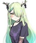  1girl absurdres antlers black_choker black_gloves black_shirt blush ceres_fauna ceres_fauna_(4th_costume) choker daemo72 elbow_gloves flower gloves grey_hair hair_flower hair_ornament hair_over_one_eye heart heart_choker highres hololive hololive_english horns long_hair looking_at_viewer mole mole_under_eye official_alternate_costume shirt solo very_long_hair virtual_youtuber yellow_eyes 