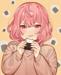  1girl absurdres blush brown_shirt eating food highres holding holding_food indie_utaite long_sleeves nqrse nyannyan_321 onigiri open_mouth pink_eyes pink_hair shirt solo 