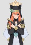  1girl ;) absurdres animal_hat blue_archive commentary crossed_arms desert_eagle dual_wielding gar32 gun habit halo handgun hat highres holding holding_gun holding_weapon looking_at_viewer mari_(blue_archive) nun one_eye_closed orange_hair simple_background smile solo weapon 