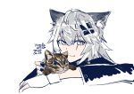  1girl animal animal_ear_fluff animal_ears arknights artist_name black_jacket brown_cat cat cat_day chinese_commentary closed_mouth commentary_request dated dated_commentary grey_eyes grey_hair hair_between_eyes hand_on_animal highres jacket lappland_(arknights) light_smile long_hair long_sleeves looking_at_viewer messy_hair phoenixlotus scar scar_across_eye scar_on_face signature simple_background sketch solo upper_body white_background wolf_ears wolf_girl 