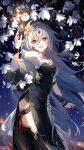  1girl absurdres asymmetrical_clothes black_dress black_nails black_thighhighs branch capelet dress eyeliner flower fu_hua fu_hua_(herrscher_of_sentience) fur-trimmed_capelet fur_trim grey_hair hair_between_eyes hair_ornament hand_up highres honkai_(series) honkai_impact_3rd jewelry jingwei_(bird) long_hair looking_at_object makeup mangzhi_yaoyao multicolored_hair night open_mouth red_eyeliner red_eyes side_slit single_sleeve sleeveless sleeveless_dress solo streaked_hair tassel thigh-highs thighs tree white_flower white_hair white_sleeves yellow_pupils 